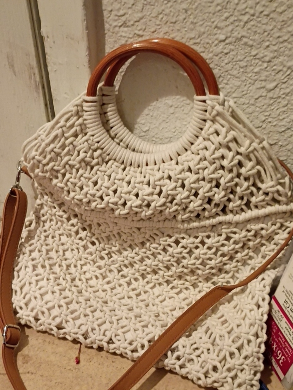 Handwoven Cream Macramé Tote with Tan Wood Handles